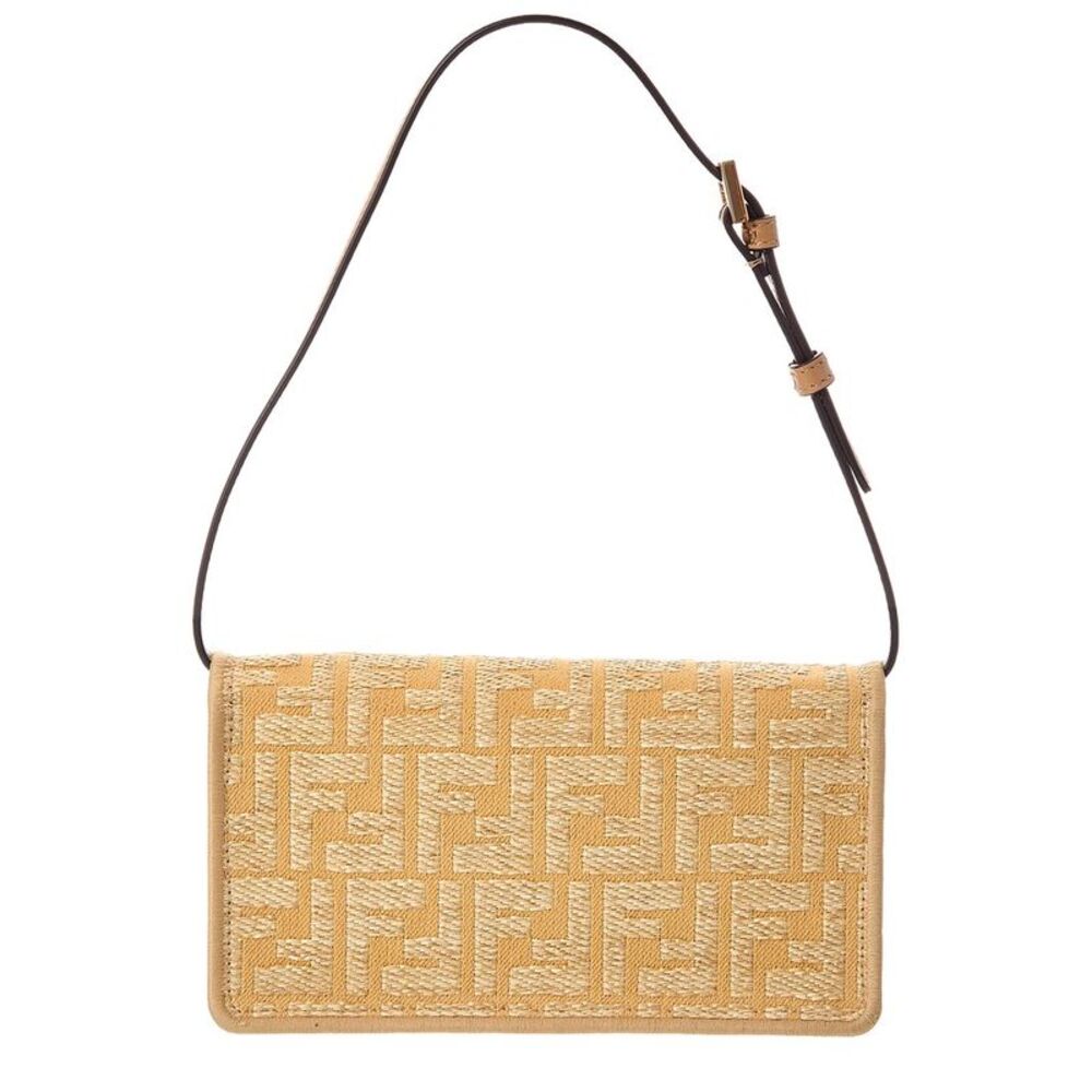Fendi Baguette Ff Jacquard Raffia & Leather Wallet On Chain, Beige - Picture 2 of 4